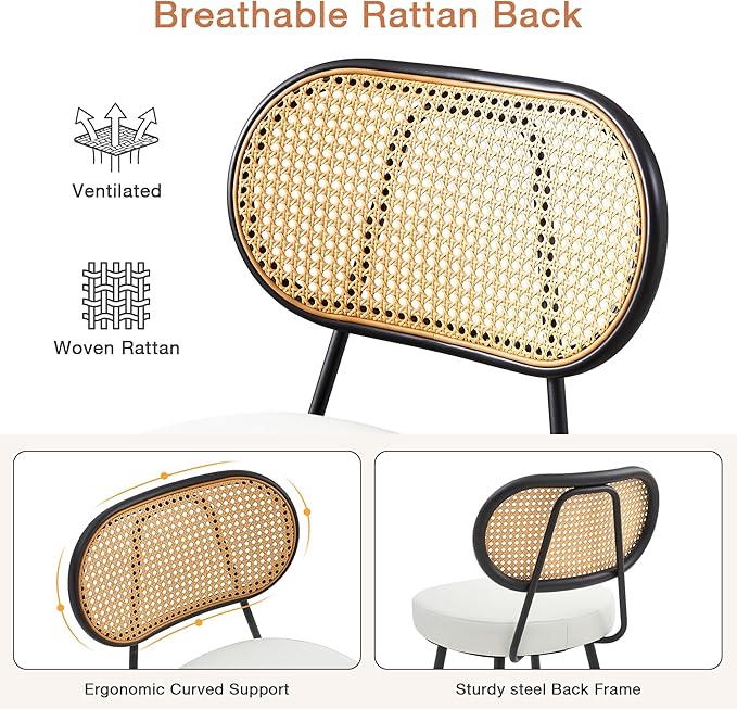 BFZ Counter Height Bar Stools Set of 2, 26" Seat Height Barstools with Rattan Back and Metal Legs, Upholstered Faux Leather Bar Chairs for Kitchen Island, Home Bar, Beige