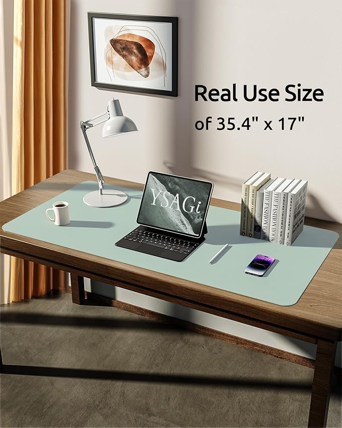 YSAGi Leather Desk Protector, Office Mat, Large Mouse Mat, Non-Slip PU Leather Blotter, Laptop Desk Pad, Waterproof Writing Pad for Office and Home (Pale Green, 35.4" x 17")