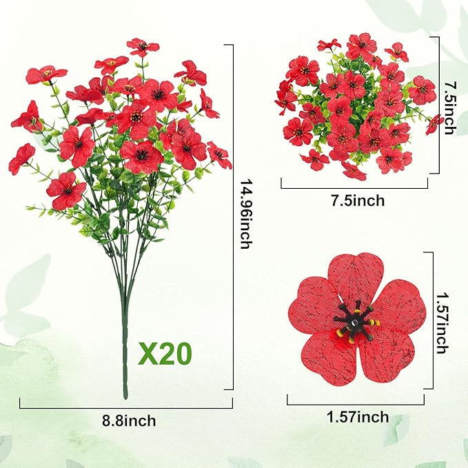 20 Bundles Artificial Flowers for Outdoors Decoration Fake Silk Flowers UV Resistant Faux Plants Artificial Daisy Eucalyptus for Spring Summer Garden Yard Porch Window Home Decor, Red