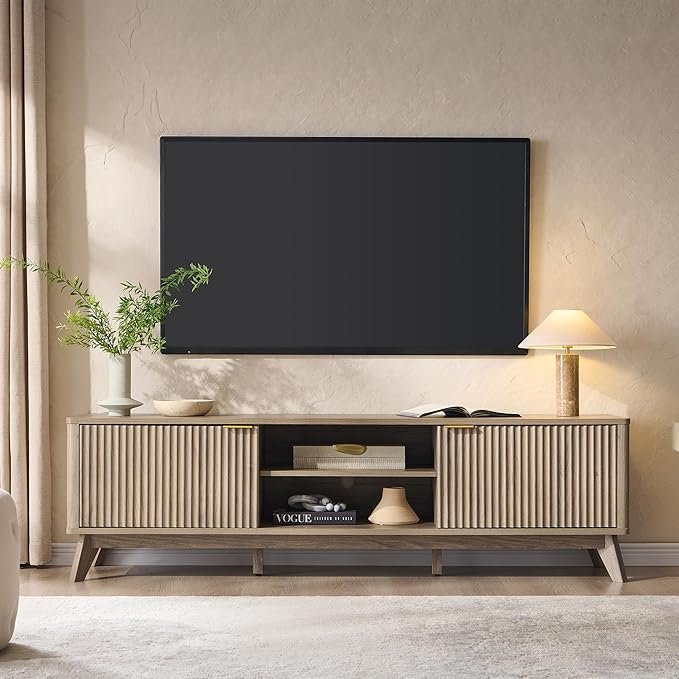 OKD 70" Mid Century Modern Fluted TV Stand, Entertainment Center, Sideboard, Media Console for Living Room with 2 Soft Close Door/Adjustable Shelves (Alder Grey)