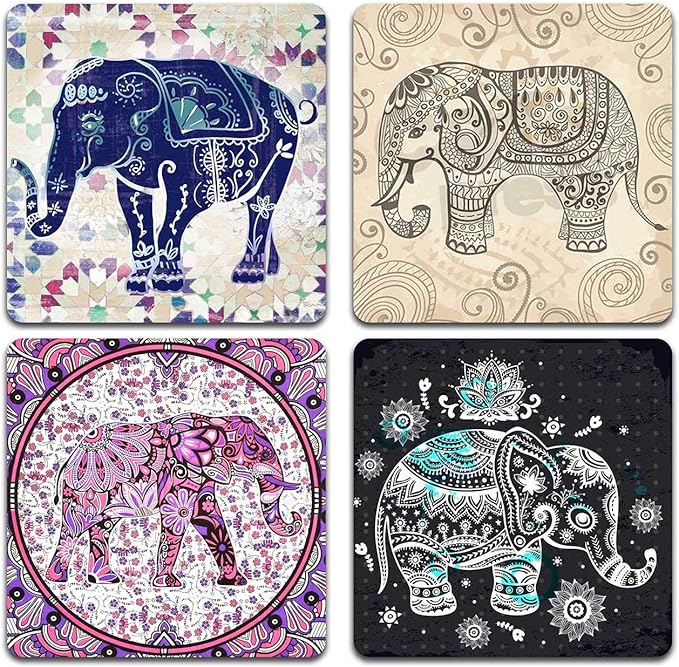 Hand Drawn Elephant Square Coaster Set - Made of Recycled Rubber - Set of 4