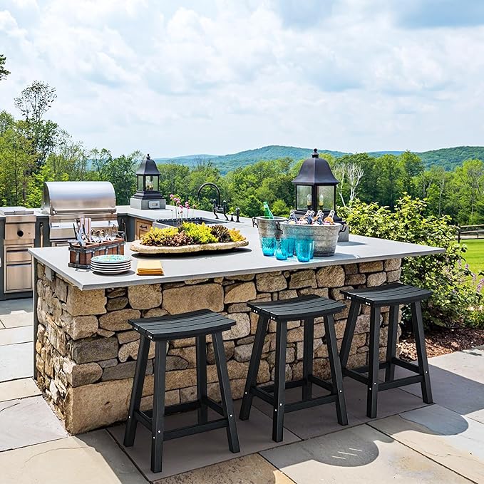 nalone 24 Inch Outdoor Bar Stool, HDPE Bar Chairs with Footrest, Weather Resistant Waterproof Bar Stools Outside Bar Height Stools for Bar, Kitchen Counter, Yard, Balcony(Black, 24'' Barstools)