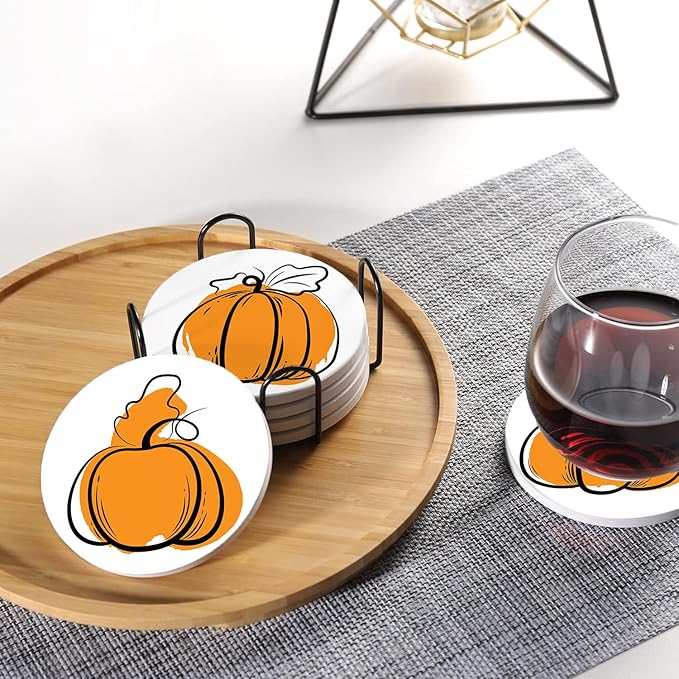Fall Drink Absorbent Coasters with Holder Set of 6, Ceramic Stone with Cork Base, Orange Graphic Pumpkin Coaster for Drinks, Gift for Housewarming Room Bar Home Decor Kitchen