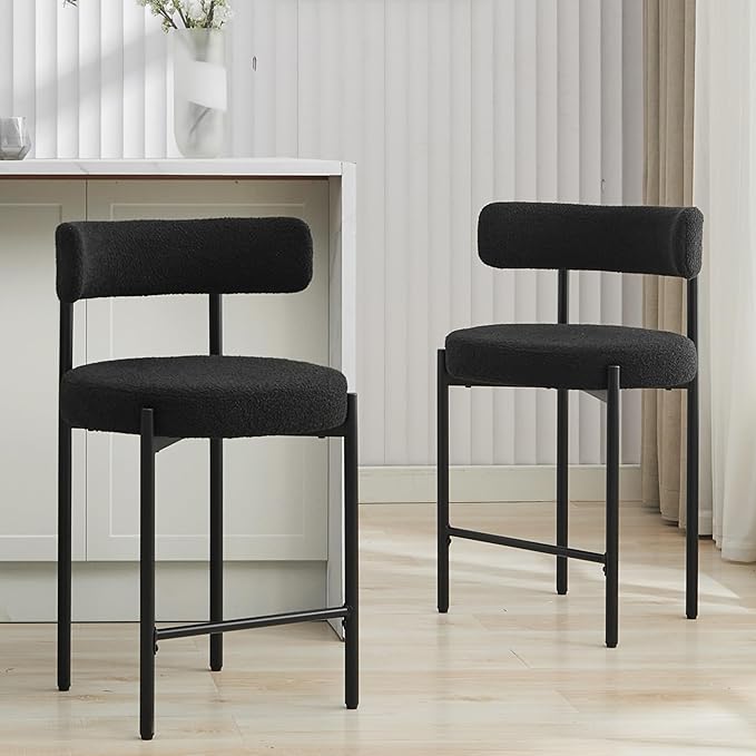 24'' Boucle Bar Stools Set of 2, Black Bar Stools with Backs, Counter Height Bar Height Stools for Kitchen Island, Upholstered Bar Chairs