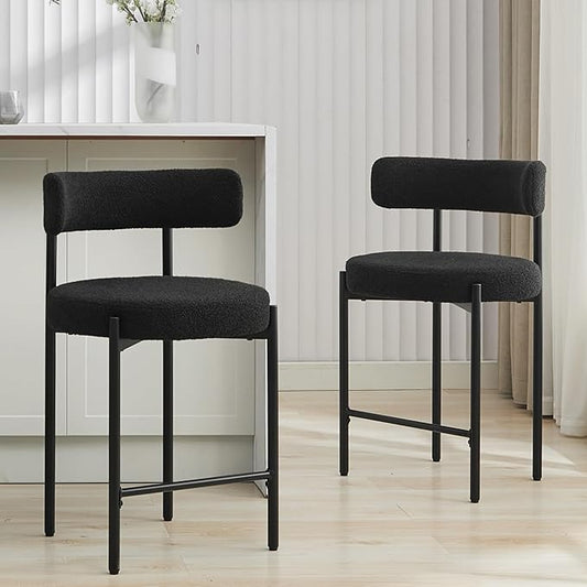 24'' Boucle Bar Stools Set of 2, Black Bar Stools with Backs, Counter Height Bar Height Stools for Kitchen Island, Upholstered Bar Chairs