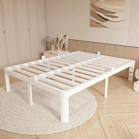 16 Inch Bed Frame Queen Size with Metal Gaskets, Heavy Duty Queen Platform Bed Frame No Box Spring Needed, DIY Headboard, Anti-Slip Mattress Stopper, Round Corner Leg, Easy Assembly, White