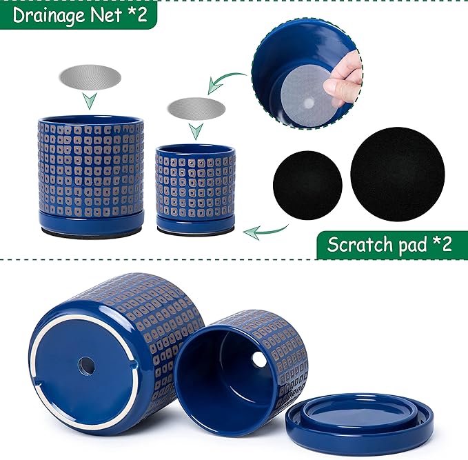 D'vine Dev Set of 2 Ceramic Planter Pots with Drainage Hole and Saucer, 4.5 Inch 6 Inch Plant Pots for Indoor Houseplants, Blue, 99-A-6