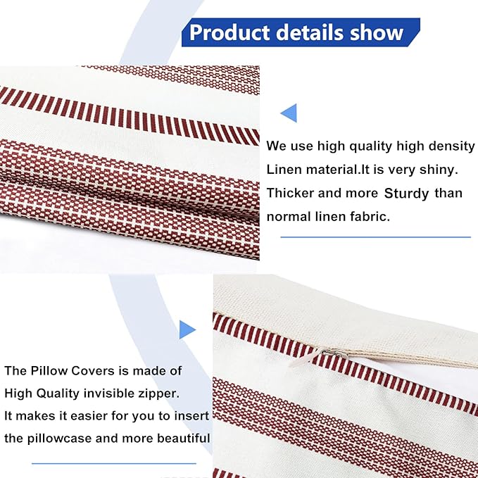 Decorative Throw Pillow Covers Set of 2 Wine Red Boho Striped Pillow Covers 20x20 Inch Throw Pillow Cover Linen Pillowcase Farmhouse Outdoor Pillow Covers for Couch Sofa Bed Living Room