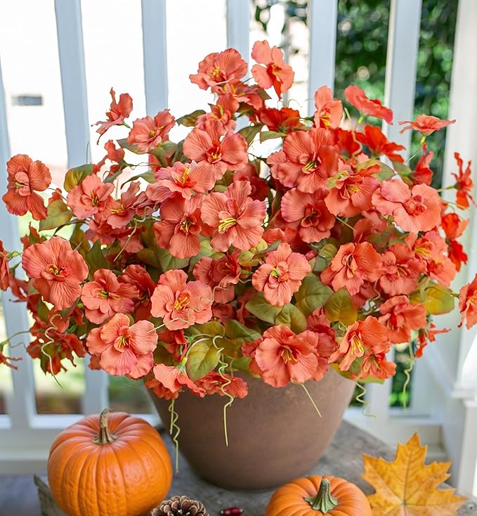 INSPRING Fake Fall Flowers Artificial Mums for Outdoors Autumn Decoration, Faux Silk Flowers Plants Realistic UV Resistant Tropical Flower Artificial for Outside Planter Patio (FOrange, 6 Bundles)