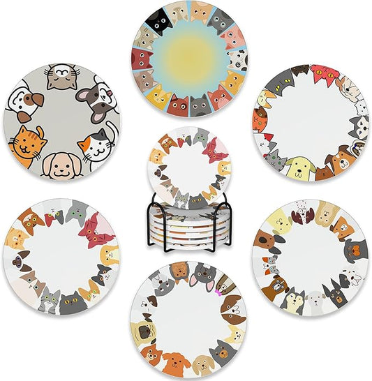 6 Pcs Coasters for Drinks with Holder,Cute Cats and Dogs Absorbent Coaster with Cork Backing,Great Gift for Housewarming,Room Decor,Bar,Holiday Party