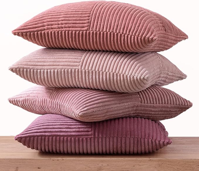 MIULEE Pink Throw Pillow Covers 16x16 Inch Set of 4 Boho Farmhouse Cushion Cases Decorative Gradient Pillow Cases Corduroy Striped Home Decor for Couch Sofa Living Room Bed