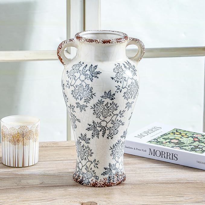 Enra Vintage vase with Handle,12.6 inch Blue and White Ceramic Decorative Flower vase, Chinoiserie Floral Vase,Large Rustic Vases for Home Decors, Living Room, Bookshelf, Office