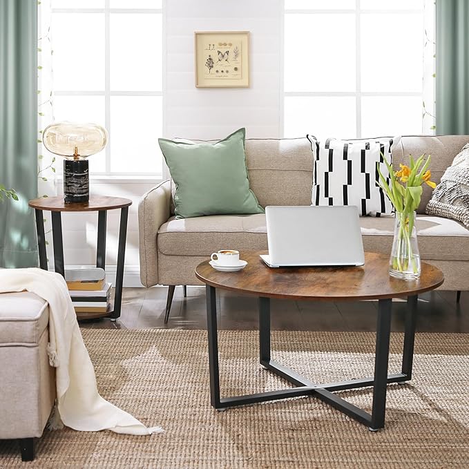 VASAGLE Round Side End Table, 2-Tier Accent Bedside Table with Storage Shelf, Easy Assembly, Nightstand for Small Spaces, Living Room, Bedroom, Rustic Brown and Ink Black ULET57X