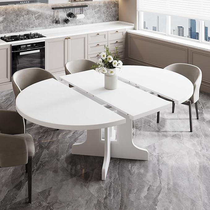 Feonase 59" Round Extendable Dining Room Table for 6, Modern Oval Kitchen Table with Heavy Duty Wood Base, for Kitchen Dining Living Room, Easy Assembly, Noise-Free, White