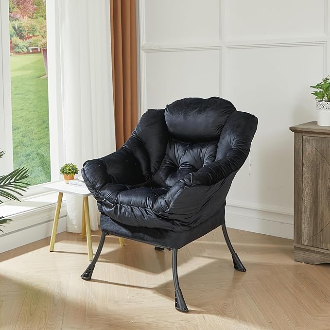 HollyHOME Fabric Large Lazy Chair for Living Room Chair Accent Reading Chair Cozy Lounge Chair with Armrest Leisure Sofa Chair for Bedroom, Dorm, Black