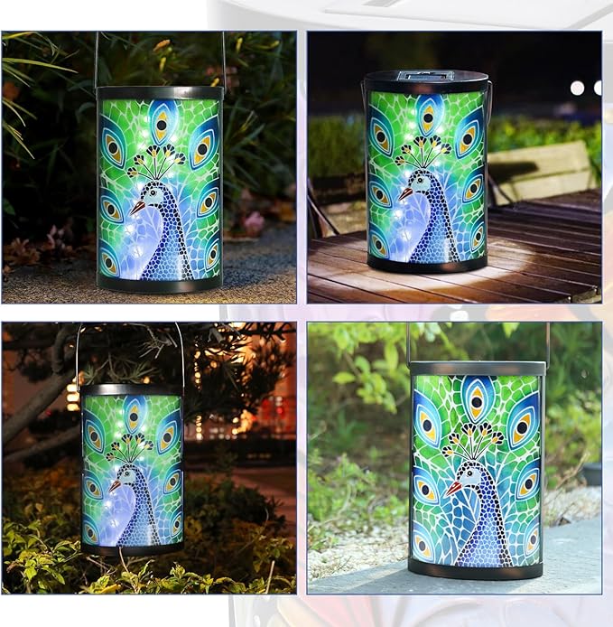 Afirst Hanging Solar Lantern Outdoor Glass Peacock Lights Waterproof LED Lamp for Garden Yard Tree Desk Decor