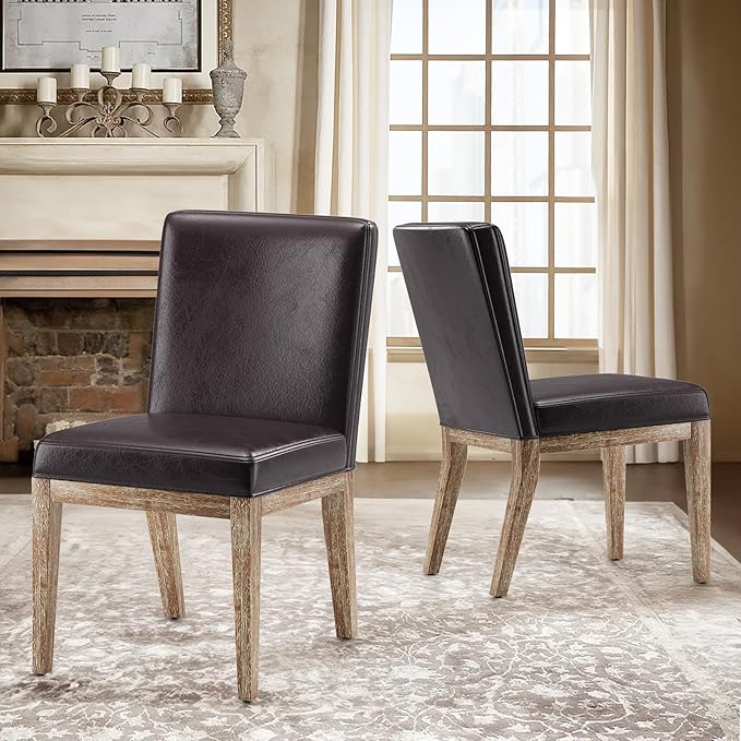 Wooden Dining Chairs Set of 2, Modern Leather Upholstered Dining Room Chair, Kitchen Side Chairs, Farmhouse Dinner Chair with High Back for Kitchen, Brown