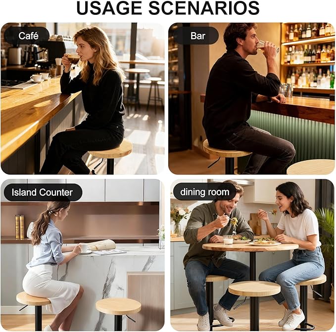 Bamboo Backless Bar Stools Set of 2, Swivel Bar Stools, Adjustable Bar Stools, Modern Bar Stools with Hard Seat, Backless Counter Height Barstools for Kitchen Island, Cafe, Dining Room, Black