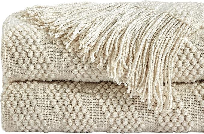 BOURINA Beige Throw Blanket 50x60 Inches Throw Textured Solid Soft Ripple Throws and Blankets for Sofa or Bed Knitted Decorative Bla