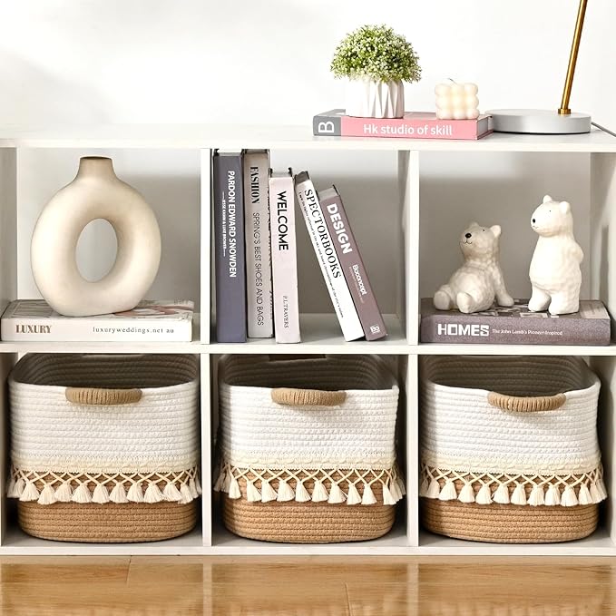 6 Pack Storage Basket for Shelves, Boho Cotton Rope Storage Bins with Heavy Tassel, Shelf Baskets Large Woven Baskets for Organizing, Cube Organizer Bins, Baby Laundry Basket for Clothes, Toys, Pets