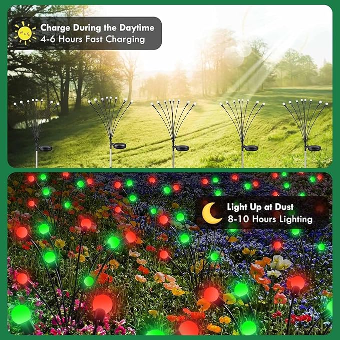 OZS 6Pack Total 48LED Solar Garden Lights Christmas Fairy Outdoor - Solar Firefly Lights Fairy Outdoor, Sway by Wind, Waterproof for Pathway Patio Yard Christmas Decorations(Red&Green)