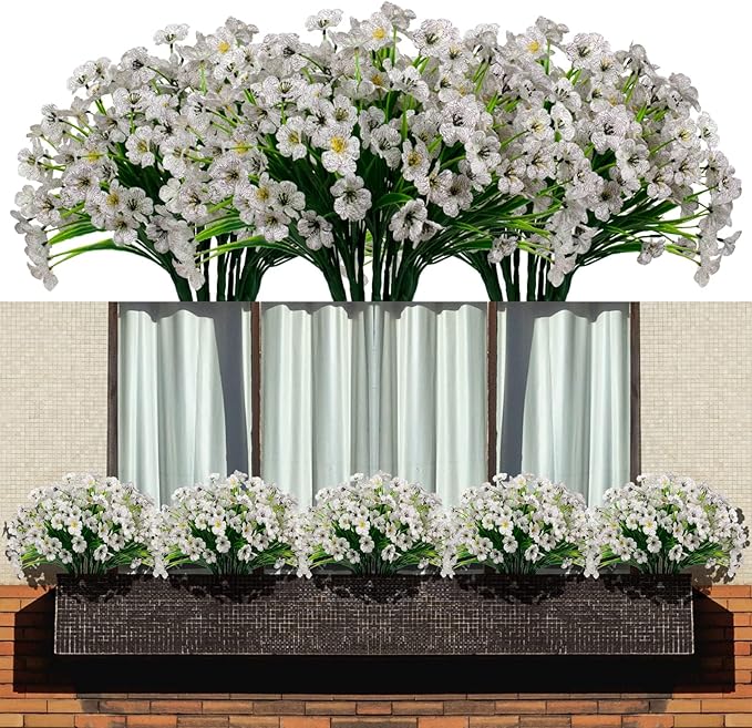 15 Bundles Artificial Flowers Fake Silk Flowers Outdoor UV Resistant Faux Flowers Plastic Fabric Greenery Plants for Hanging Planter Kitchen Home Office Wedding Garden Decoration (White)…