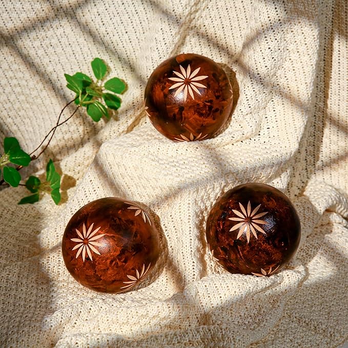 Decorative Balls for Centerpiece, Set of 3, Sunflower Pattern, 4 inch Resin Round Sphere Balls, Table Decor