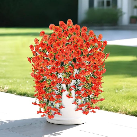 Artificial Flowers for Outdoors Decoration, 4Pcs Fake Hanging Flowers Morning Glory UV & Fading Resistant, Artificial Faux Plants Deocr for Home Porch Patio Balcony Planter Yard Garden Farmhouse