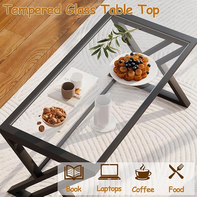 Coffee Table Black Glass Coffee Table for Living Room,Modern Rectangular Center Table with Sturdy Metal Frame,Tempered Glass Table Tea Tables for Bedroom Home Office