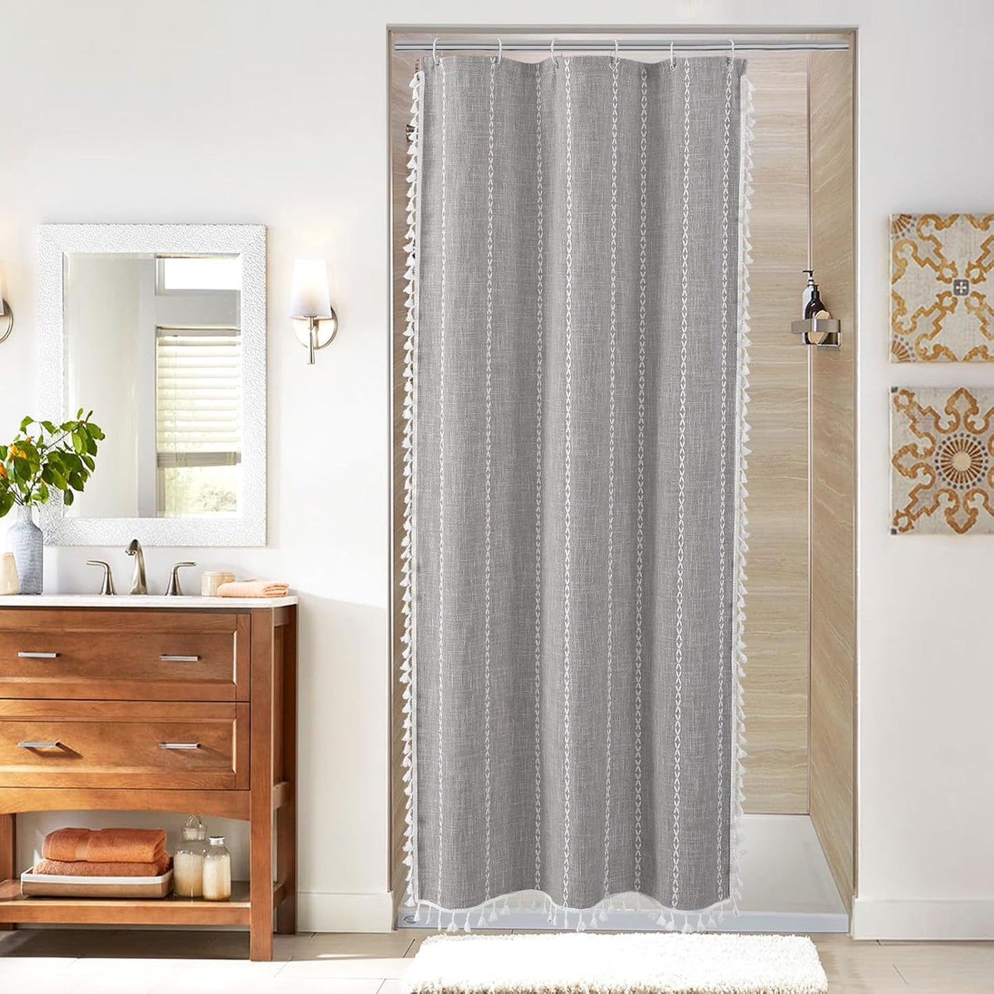 MitoVilla Grey Small Stall Shower Curtain 36 x 72, Half Size Narrow Polyester Linen Fabric Shower Curtains for Boho Farmhouse Bathroom Decor, Wrinkle Resistant Cloth Shower Curtain