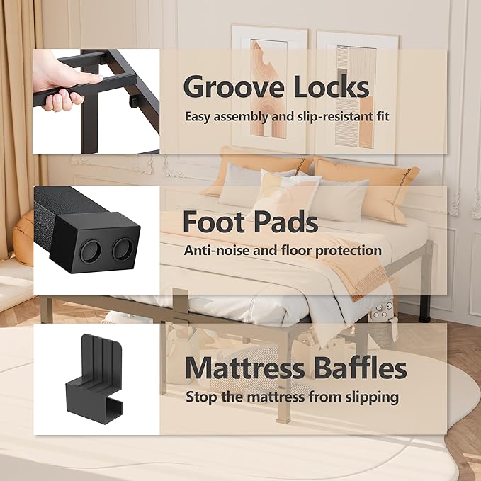 FUIOBYVV Queen Bed Frame, 14 Inch Heavy Duty Metal Platform Bed Frame Queen Size Support Up to 3500 lbs, No Box Spring Needed,Headboard Holes,Steel Slat Support,Noise Free,Easy Assembly