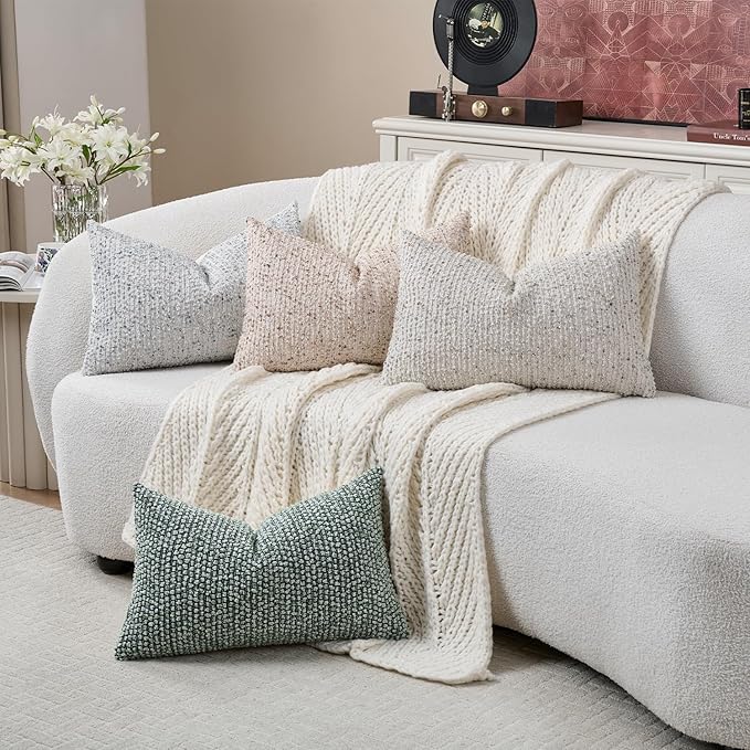 DEZENE Striped Throw Pillow Covers 12x20 Set of 2 Green Textured Polyester Chic Morden Boho Accent Farmhouse Rectangular Lumbar Decorative Couch Pillow Covers for Home Decor Bed Sofa Living Room