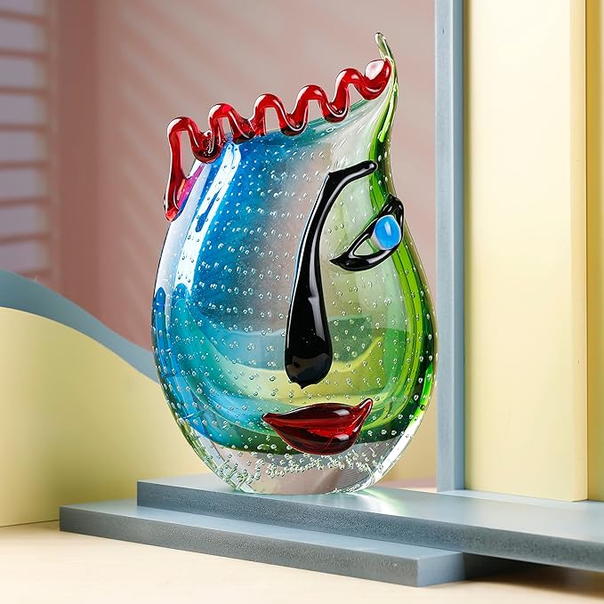 Yao Yuan Hand Blown Art Glass Vase with face Art,Murano Glass Style,Multi-Colored