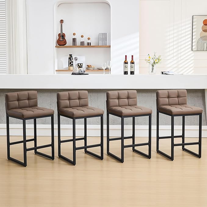 Counter Height Bar Stools Set of 4, Upholstered Barstools with Back, Bar Chairs with Thickened Metal Legs, PU Leather Counter Stools for Kitchen Island (Coffee Brown, 4Pcs 26" Bar Stools)
