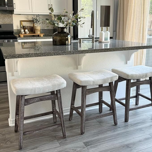 PHI VILLA Farmhouse Bar Stools Set of 3 - Wood Bartools with Upholstered Saddle Seat, 24 inch stools for Kitchen Counter Set of 3