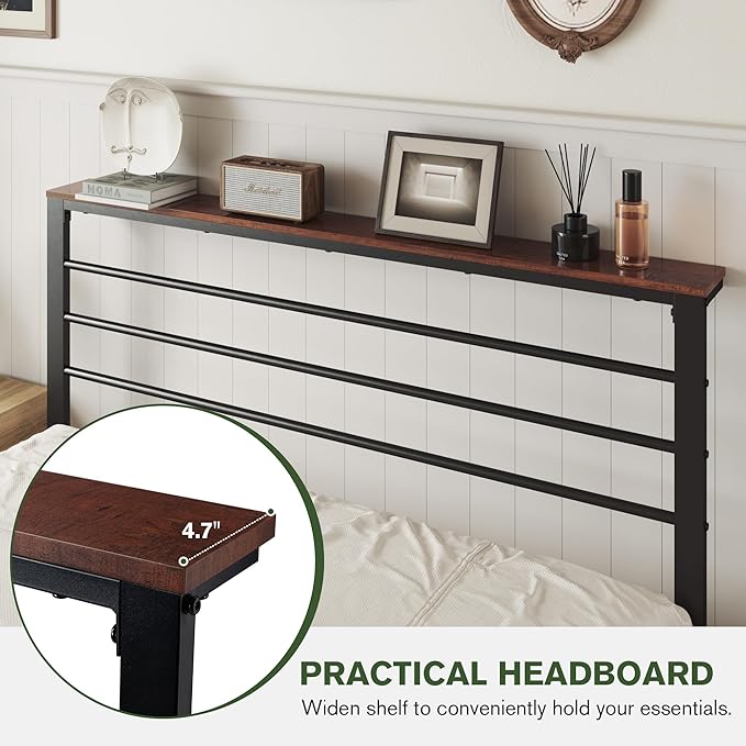 MUTICOR Queen Size Metal Platform Bed Frame with Shelf Headboard, No Box Spring Needed, Easy Assembly, Brown Shelf