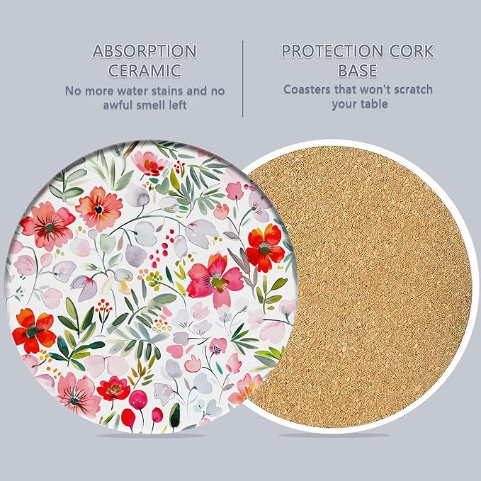 6 Pcs Coasters for Drinks with Holder, Vintage Watercolor Flowers Absorbent Ceramic Coasters with Cork Base,Cute Funny Table Drinks Coasters Tabletop Protection Mat,Table Home Decor,4 Inches