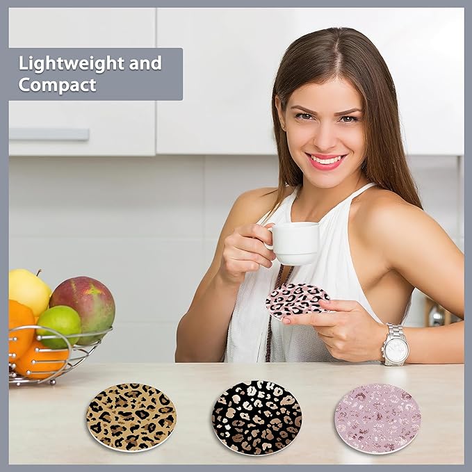 Drink Coasters Set of 6 with Holder,Leopard Print Brown Grey Gold Pink Absorbent Ceramic Coasters with Cork Base,Fit All Cups,Tabletop Protection Mat for Mugs and Cups,Office,Kitchen