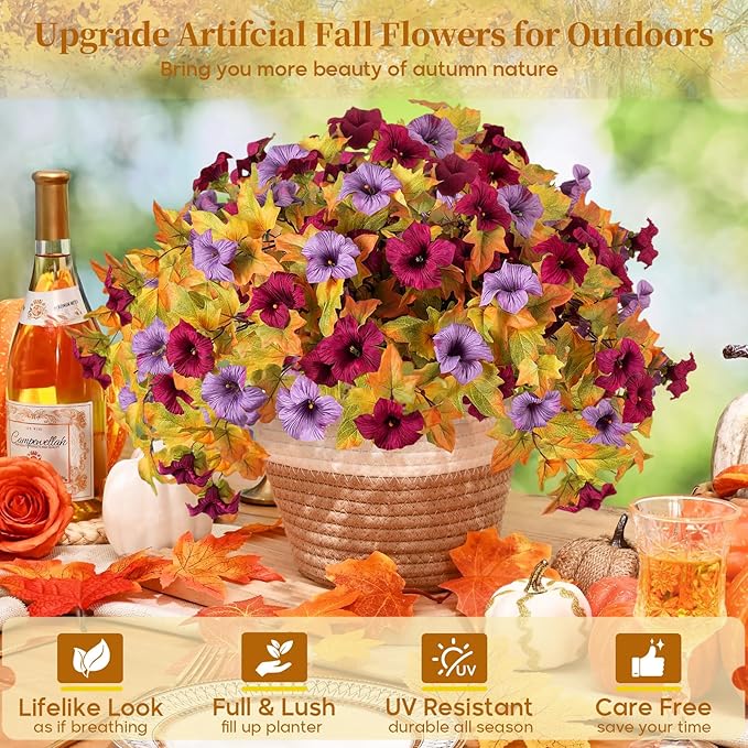 4 Pcs Artificial Fall Fake Flowers Plants for Outdoor Decoration,No Fade Faux Petunias,UV Resistant Realistic Autumn Silk Flowers,for Home Garden Balcony Yard Porch Deco (Burgundy Purple)
