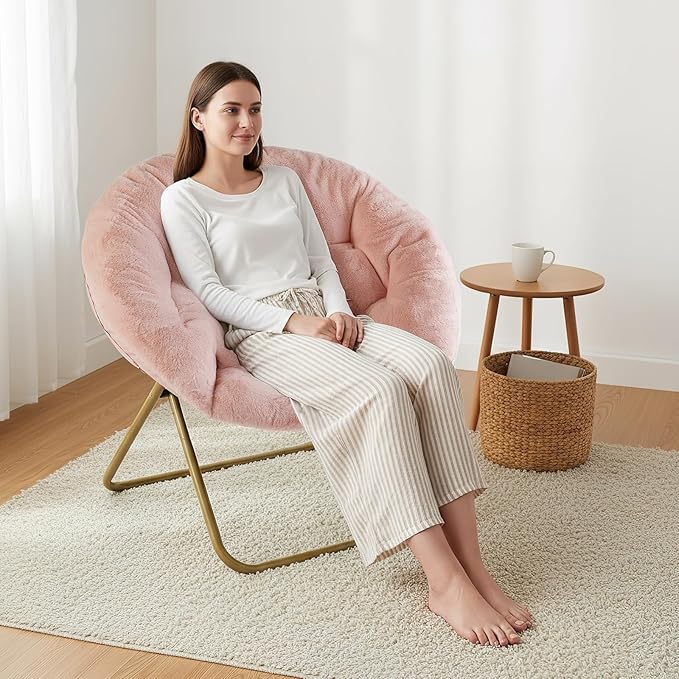NEWBULIG Comfy Saucer Chairs Soft Lounge Cute Folding Bedroom Living Room Seat Flexible Reading Foldable Seating for Adults Thick Padded Metal Frame Modern for Home Office Pink