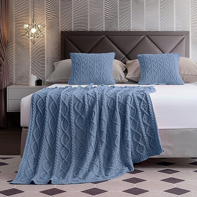 Homiest Cable Knit Throw Blanket & Pillow Set, Dusty Blue Set of 3, Knitted Blanket (50"x60") & 2 Pillow Covers (18"x18"), Soft & Cozy Decorative Couch Bed Sofa