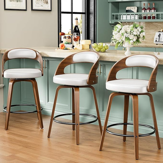 Bar Stools Set of 3, 26" Swivel Counter Height Bar Stools with Bentwood Legs and Back, Mid Century Modern Faux Leather Upholstered Counter Stools for Kitchen Island, Bar, Restaurant, White
