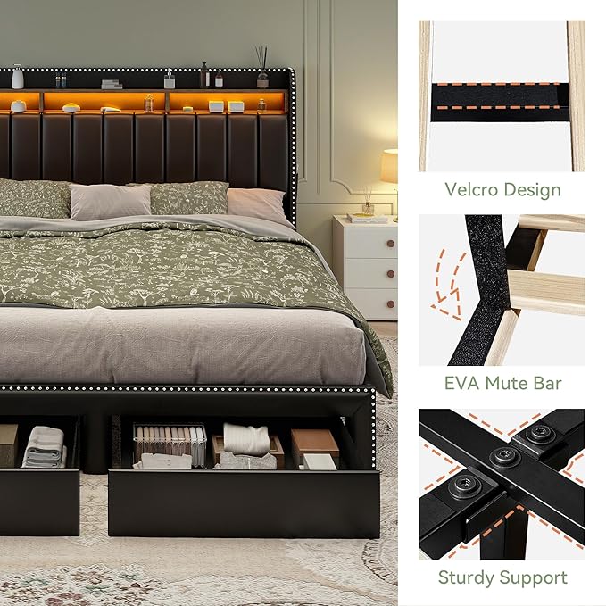Torana Full LED Bed Frame with 2 Drawers, PU Leather Upholstered Storage Wingback Headboard Beds, Channel Tufted Platform Bedframe with Rivet Decor, No Box Spring Needed, Black