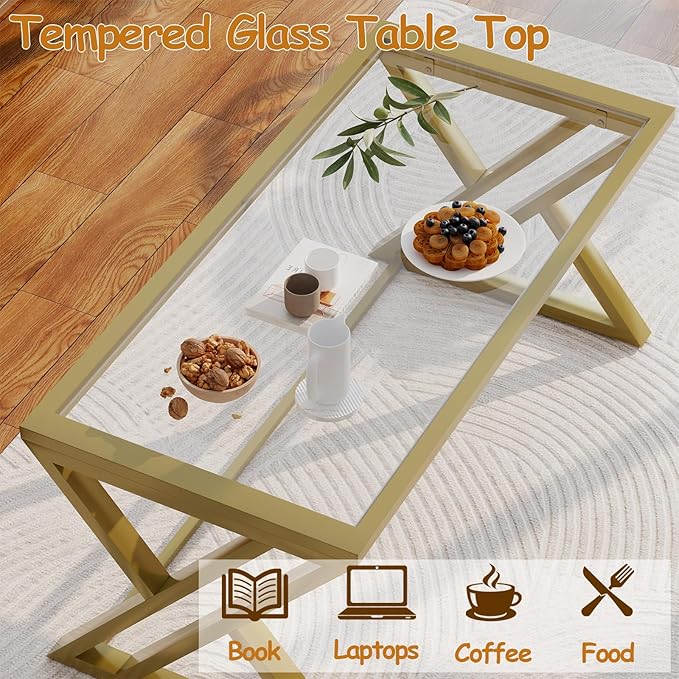 Coffee Table Gold Glass Coffee Table for Living Room,Modern Rectangular Center Table with Sturdy Metal Frame,Tempered Glass Table Tea Tables for Bedroom Home Office