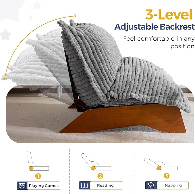 MAXYOYO Adjustable Living Room Chair, 3-Position Bean Bag Chair with Removable Cover, Upholstered Accent Chair with Frame, Soft Reclining Lounge for Bedroom, Apartment, Office, Grey