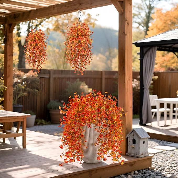 Fake Mums Artificial Fall Hanging Flowers for Outdoors Decoration 2 PCS Faux Mums for Outdoor Planters Fake Plants Look Real Daisy Flower No Fade Autumn Decor for Porch Home Patio Balcony and Yard