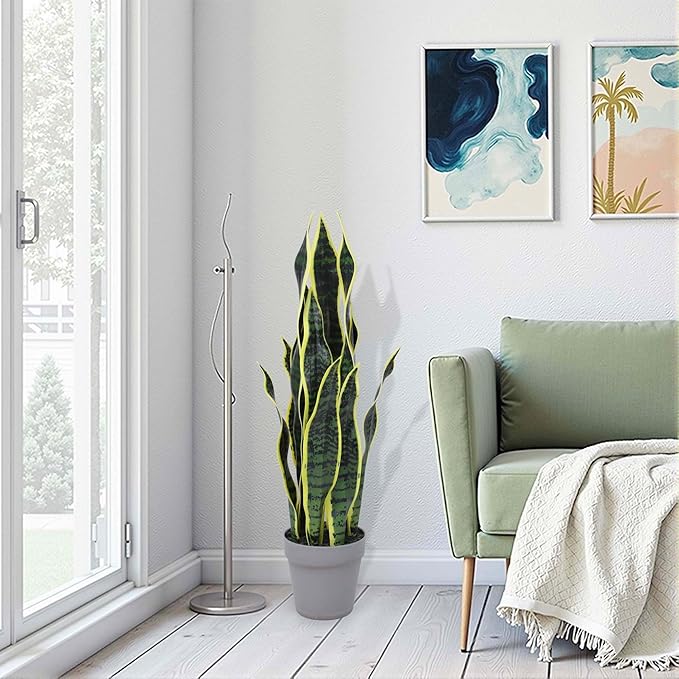 Artificial Snake Plant 25Inch Fake Sansevieria Faux Silk Potted Plant Artificial Mother in Law Tongue Plant for Indoor Outdoor Home Office Garden Decor Yellow