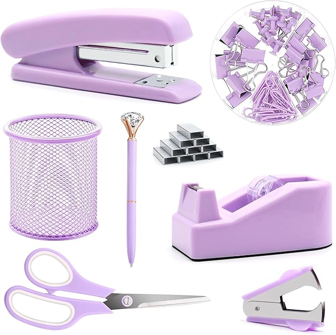 Purple Office Supplies, Purple Desk Accessories, Stapler, Staple Remover, Tape Holder, Pen Holder, Ballpoint Pen, Scissor, Binder Clips, Paper Clips and 1000pcs Staples.