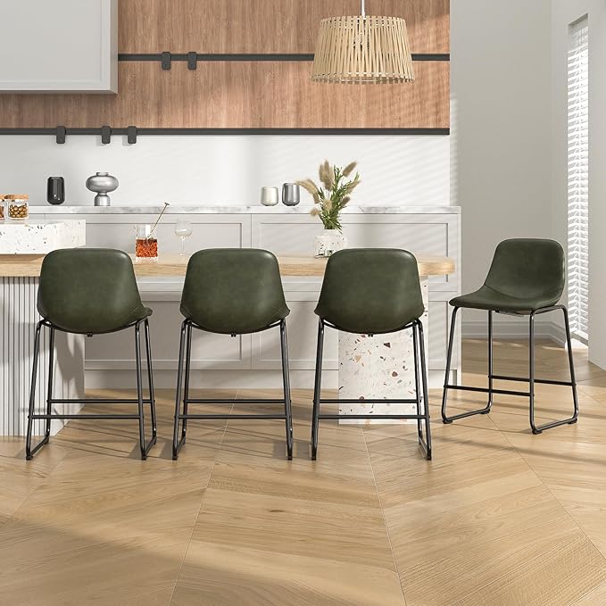 Rfiver Pu Faux Leather Bar Stools Set of 2, Industrial Pub Barstools with Back and Footrest, Modern Armless Bar Height Stool Chairs (Green, 24" Counter Chair x3)
