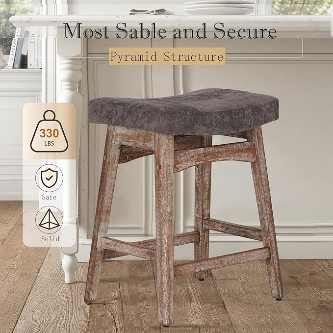 PHI VILLA Farmhouse Bar Stools Set of 3 - Wood Bartools with Upholstered Saddle Seat, 24 inch stools for Kitchen Counter Set of 3